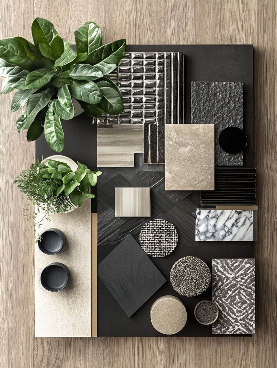 Moodboard Materiales — Dirección de diseño · Materiales Moodboard de materiales sobre bandeja negra con muestras de mármol blanco y beige, azulejo metalizado, madera oscura, texturas de piedra, tejidos y plantas verdes