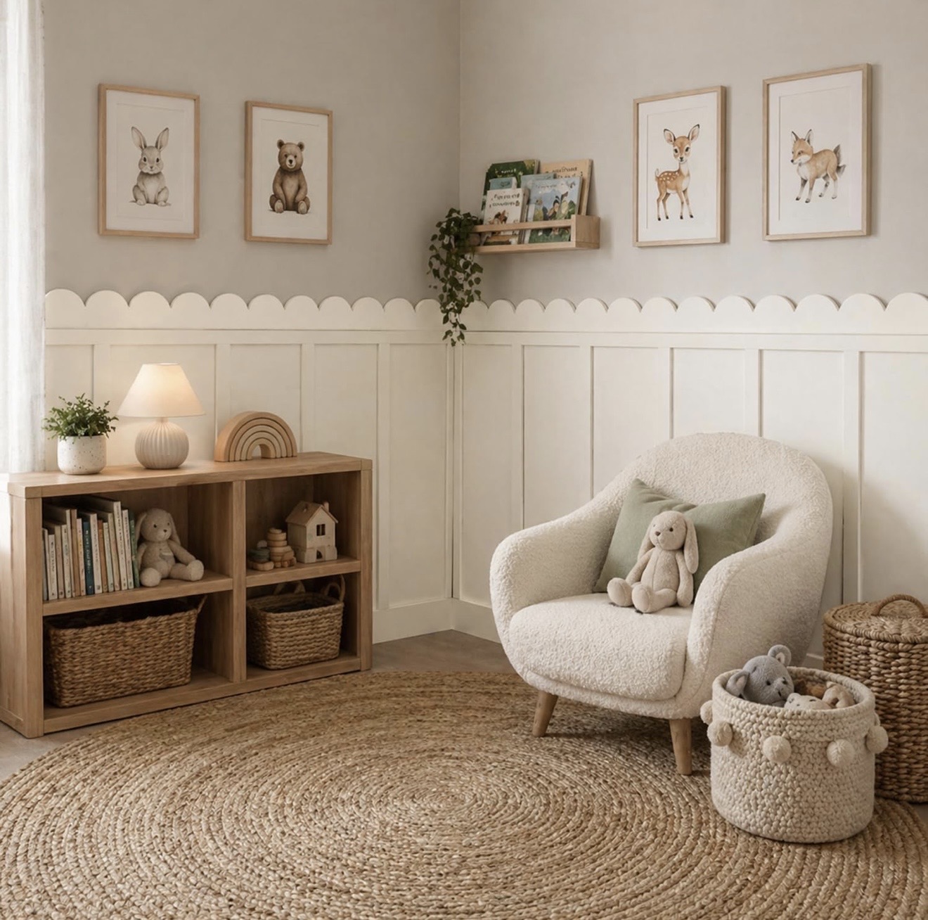 Rincón de Lectura Infantil — Residencial · Cuarto de juegos Rincón de lectura infantil con boiserie blanca y remate ondulado tipo festón, cuadros de animales del bosque, sillón bouclé crema, librero de madera con cestas de mimbre y tapete redondo de yute