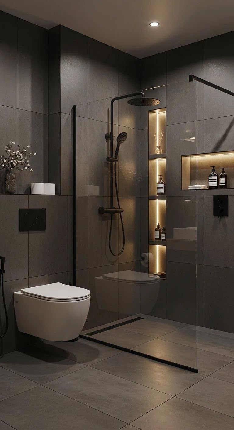Baño Moderno Oscuro — Remodelación · Baño Baño moderno en porcelanato gris oscuro con ducha a nivel de piso, grifería negra mate, nichos retroiluminados, inodoro suspendido y mampara de vidrio