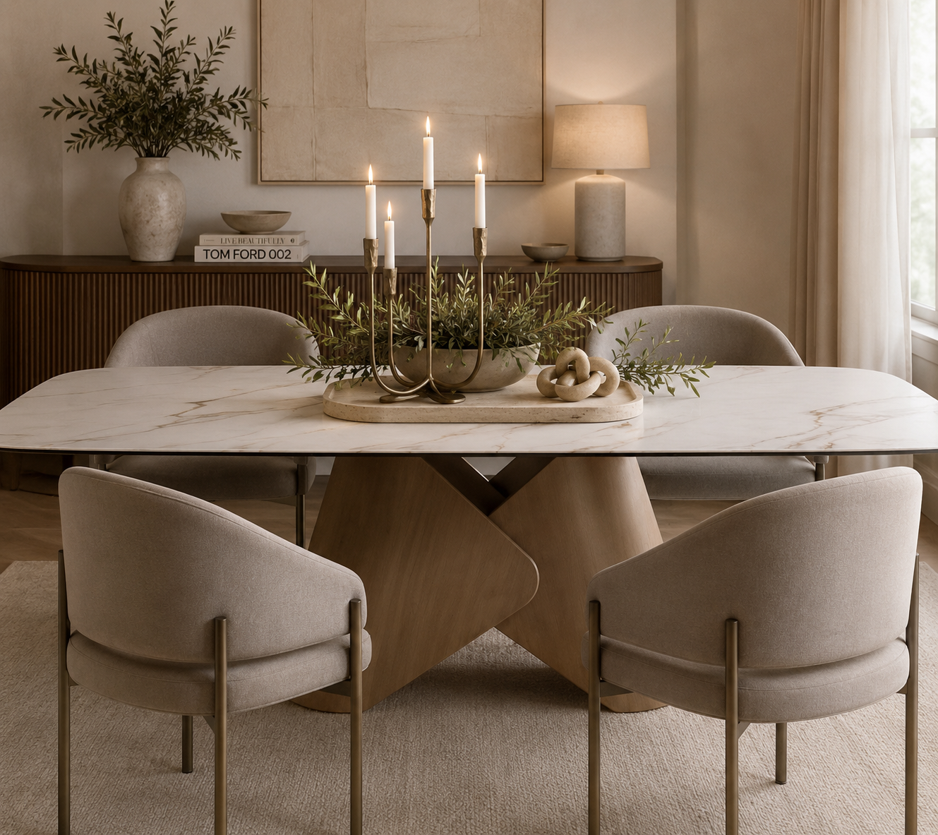 Comedor Atemporal — Residencial · Comedor Comedor elegante con mesa ovalada de mármol blanco con vetas doradas, base escultórica de madera, cuatro sillas bouclé beige con patas doradas, aparador acanalado de nogal y centro de mesa con olivos y candelabro de latón