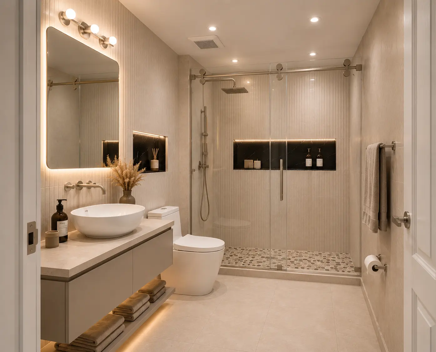 Baño Spa — Remodelación · Baño Baño remodelado estilo spa con azulejo beige acanalado, espejo retroiluminado, lavamanos de vasija sobre mueble flotante, nichos en mármol negro y ducha de vidrio con regadera tipo lluvia
