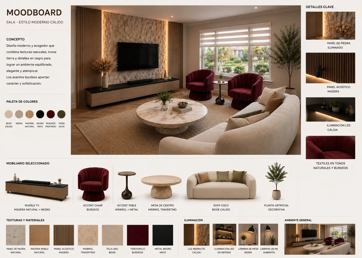 Cómo elegir tu paleta de color Moodboard de proyecto de sala estilo moderno cálido con render 3D, paleta de colores beige, arena, madera natural, negro mate y burdeos, mobiliario seleccionado y muestras de texturas