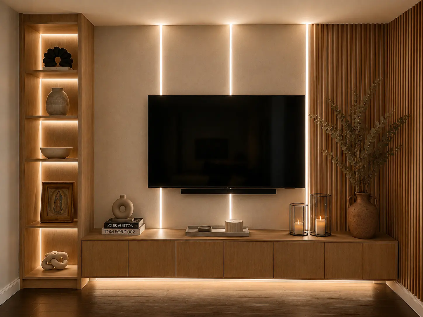 Muro TV Iluminado — Residencial · Sala de TV Muro de TV a medida en madera roble con listones acústicos verticales, iluminación LED cálida indirecta, nichos con decoración y mueble bajo flotante en un salón de noche