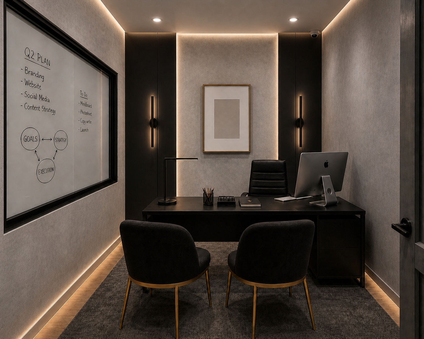 Oficina Privada Moderna — Comercial · Oficina Oficina privada moderna con paneles negros, iluminación lineal cálida, escritorio negro con iMac, sillas negras con patas doradas, pizarra de vidrio y alfombra texturizada