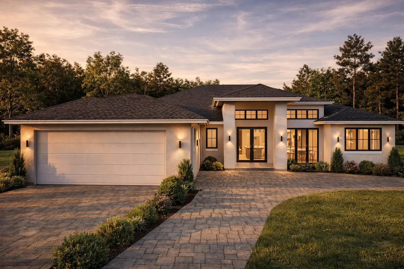 Diseño de Casas Custom — Residencial · Casas custom Fachada de casa custom de una planta en Orlando al atardecer, con estuco crema, ventanas de marco negro, apliques exteriores cálidos, entrada de adoquines y jardinería tropical