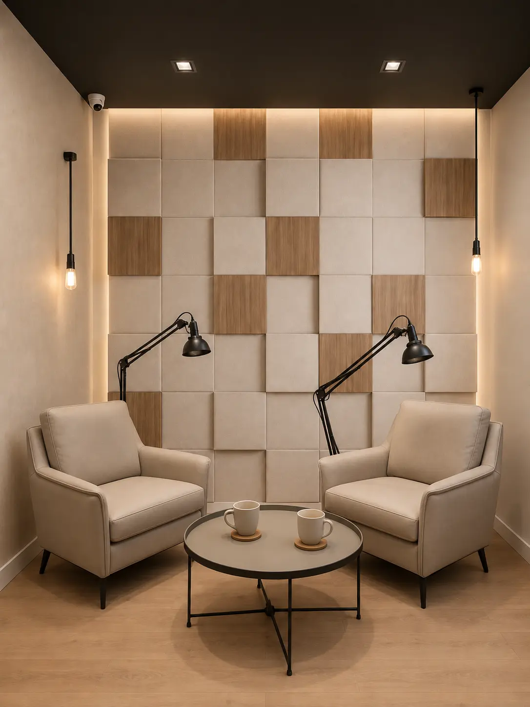 Sala de Espera — Comercial · Recepción Área de espera comercial con muro de paneles acústicos tipo damero en lino y madera, dos sillones beige, lámparas negras articuladas, mesa redonda y luz perimetral cálida