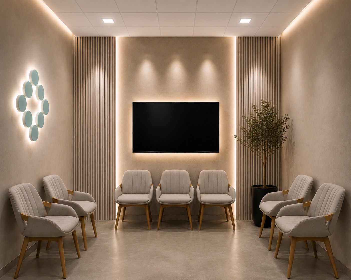 Sala de Espera Clínica — Comercial · Clínica Sala de espera de clínica con muro central retroiluminado, paneles de listones de madera, sillones crema, olivo en maceta negra e iluminación perimetral cálida