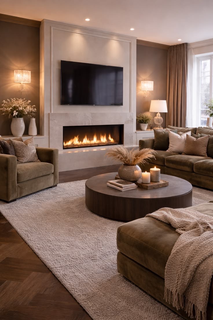 Sala con Chimenea — Residencial · Sala Sala de estar cálida con chimenea lineal empotrada en muro de piedra clara, TV integrada, sofás de terciopelo verde oliva, mesa de centro redonda de madera, alfombra shag beige y apliques de cristal