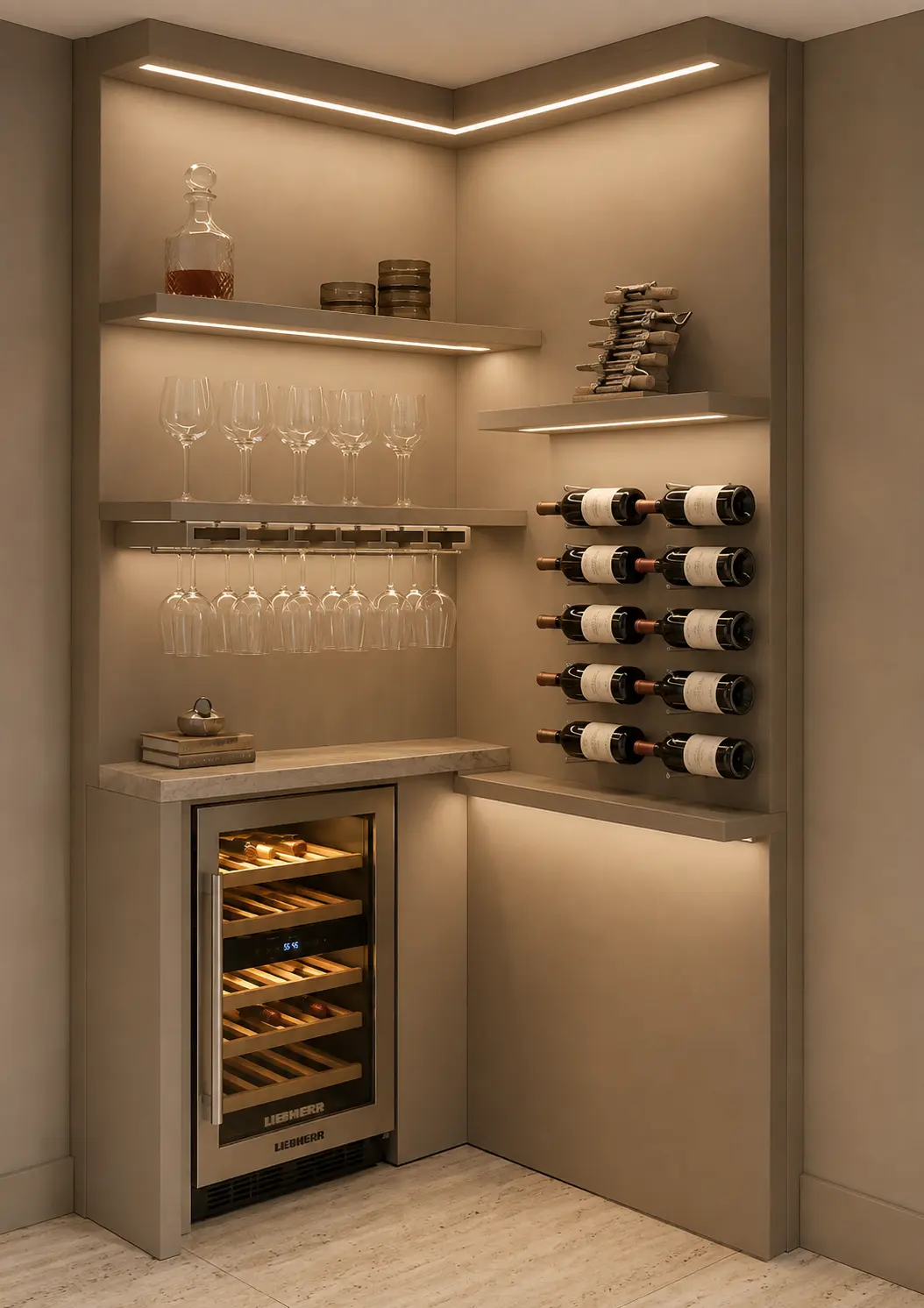 Bar de Vinos — Residencial · Bar Bar de vinos a medida en tonos greige con repisas flotantes iluminadas, copas colgantes, botellero de pared, encimera de mármol y nevera de vinos empotrada