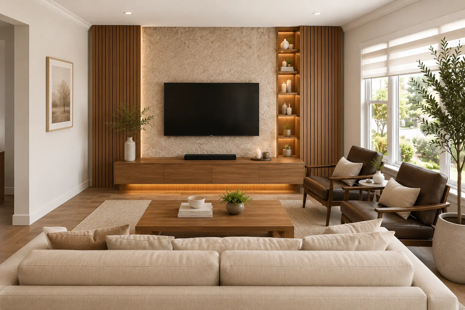 Sala de estar moderna cálida diseñada por Angela Viloria: muro de TV con panel de piedra natural iluminado, listones de madera roble, mueble flotante con luz LED y sofá beige frente a grandes ventanales en Orlando, FL
