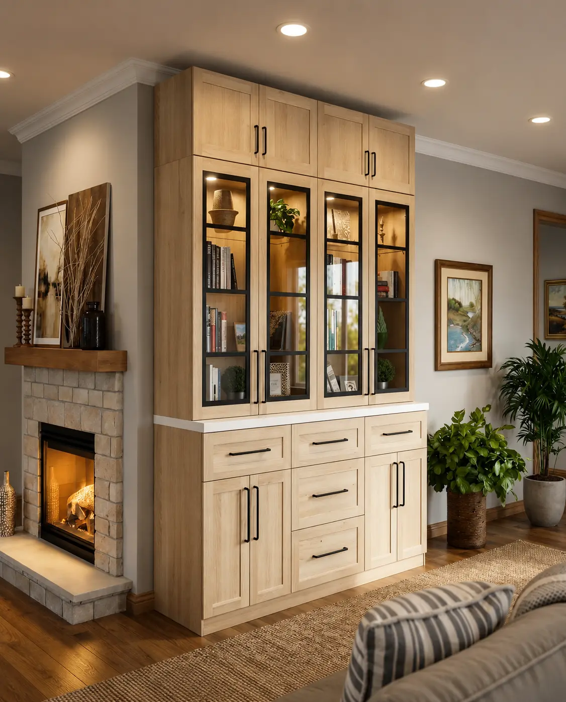 Mueble a Medida — Carpintería · Sala Mueble de carpintería a medida en madera clara con vitrinas de vidrio con marco negro, iluminación interior, cajones y encimera blanca, junto a una chimenea de piedra