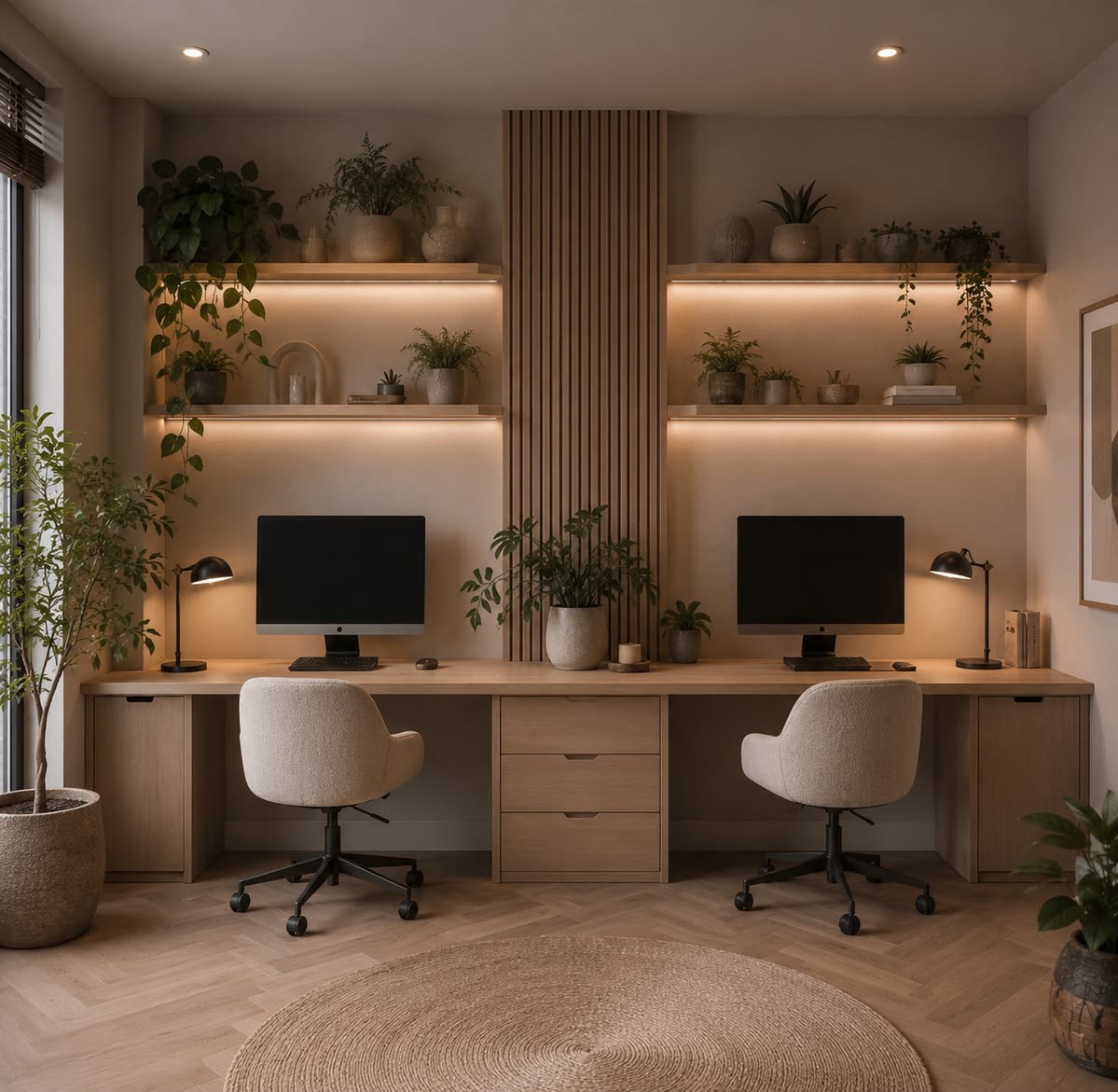 Oficina en Casa Doble — Residencial · Home Office Oficina en casa para dos personas con escritorio corrido de madera roble, repisas flotantes con iluminación LED cálida, panel de listones verticales, sillas bouclé beige, plantas y piso de madera en espiga